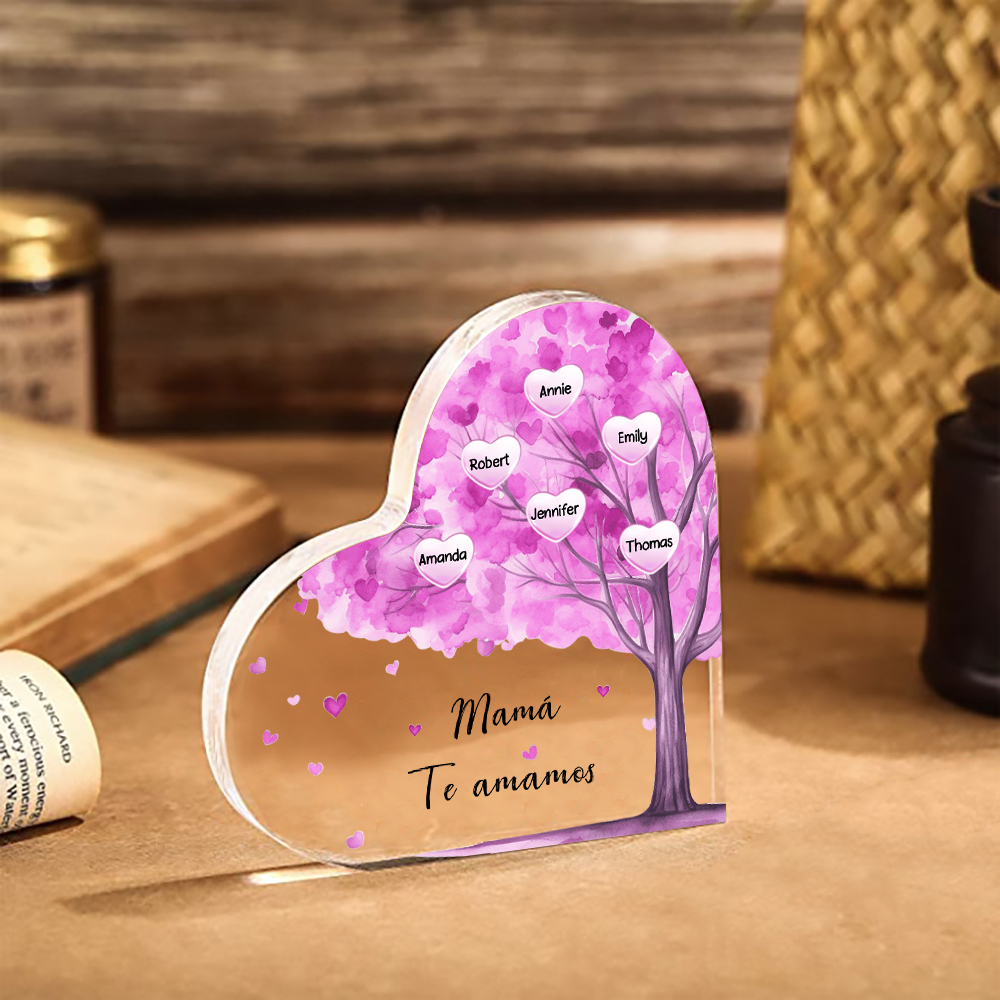 A mi mamá/abuela-Placa de acrílico "Árbol" en forma de corazón 6 nombres y 1 texto personalizados-Jessemade ES