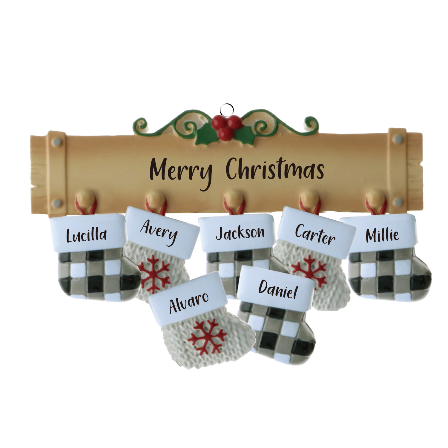 Navidad-Ornamento muñecos navideño de madera calcetines 7 nombres y 1 texto personalizados adorno del árbol-Jessemade ES