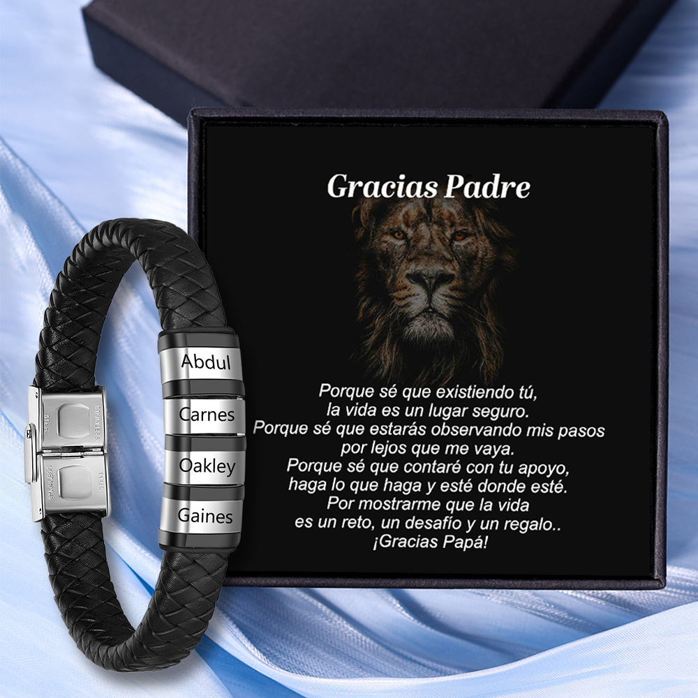 A MI PAPÁ-Pulsera de cuero trenzado de hombre con 4 perlas personalizadas con 4 nombres-Jessemade ES
