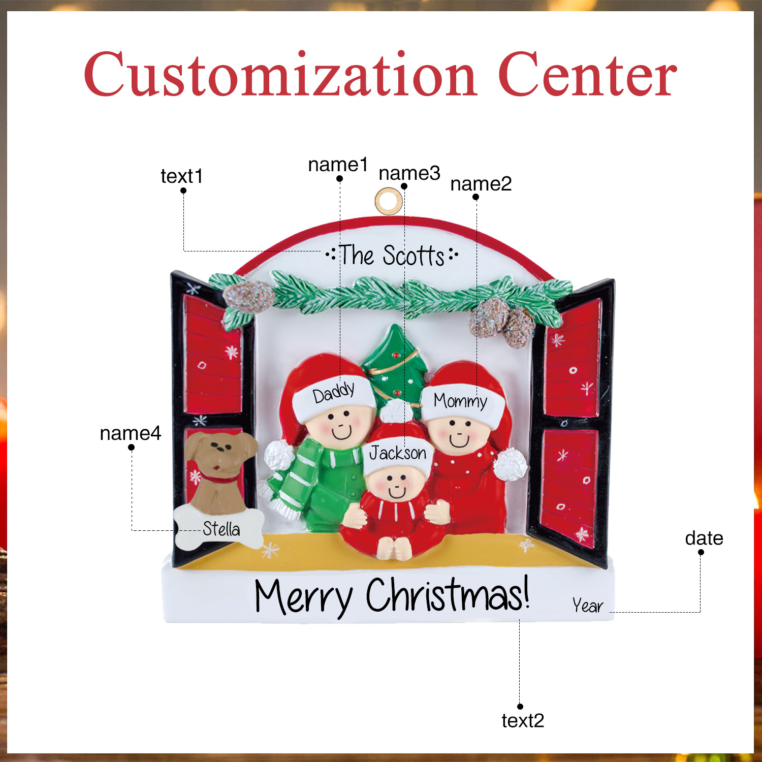 Navidad-Ornamentos Navideños de Madera Familia de 2-4 con Perro 3-5 Nombres Personalizados con 2 Textos y Año-Jessemade ES