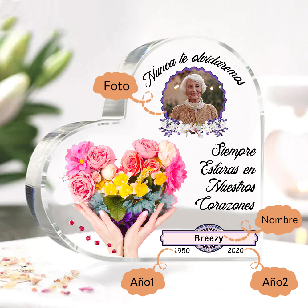 Placa de acrílico en forma de corazón con 1 foto, 1 nombre y 2 años personalizados para conmemoración-Jessemade ES