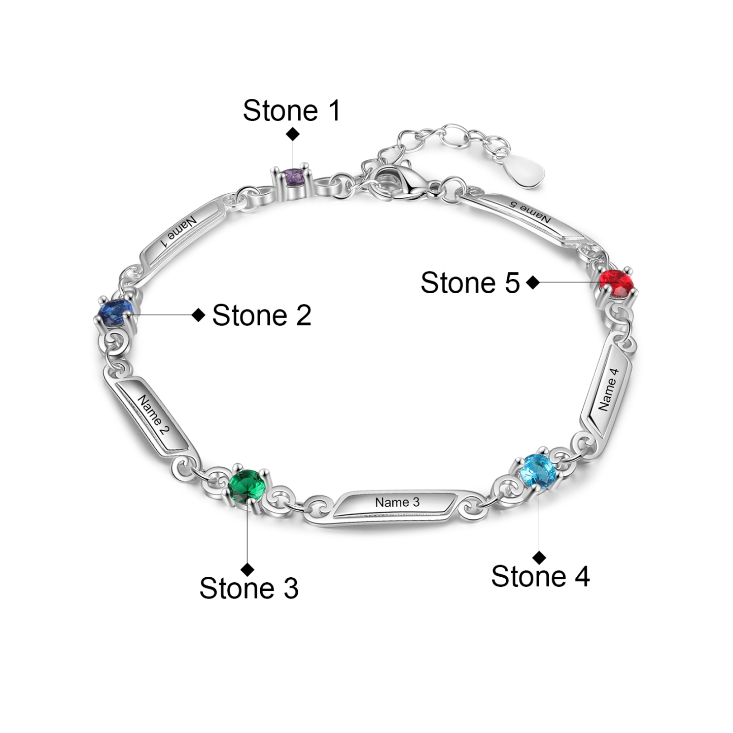 Pulsera de lazos y placitas personalizada de 5 nombres con 5 piedras de nacimiento-Jessemade ES