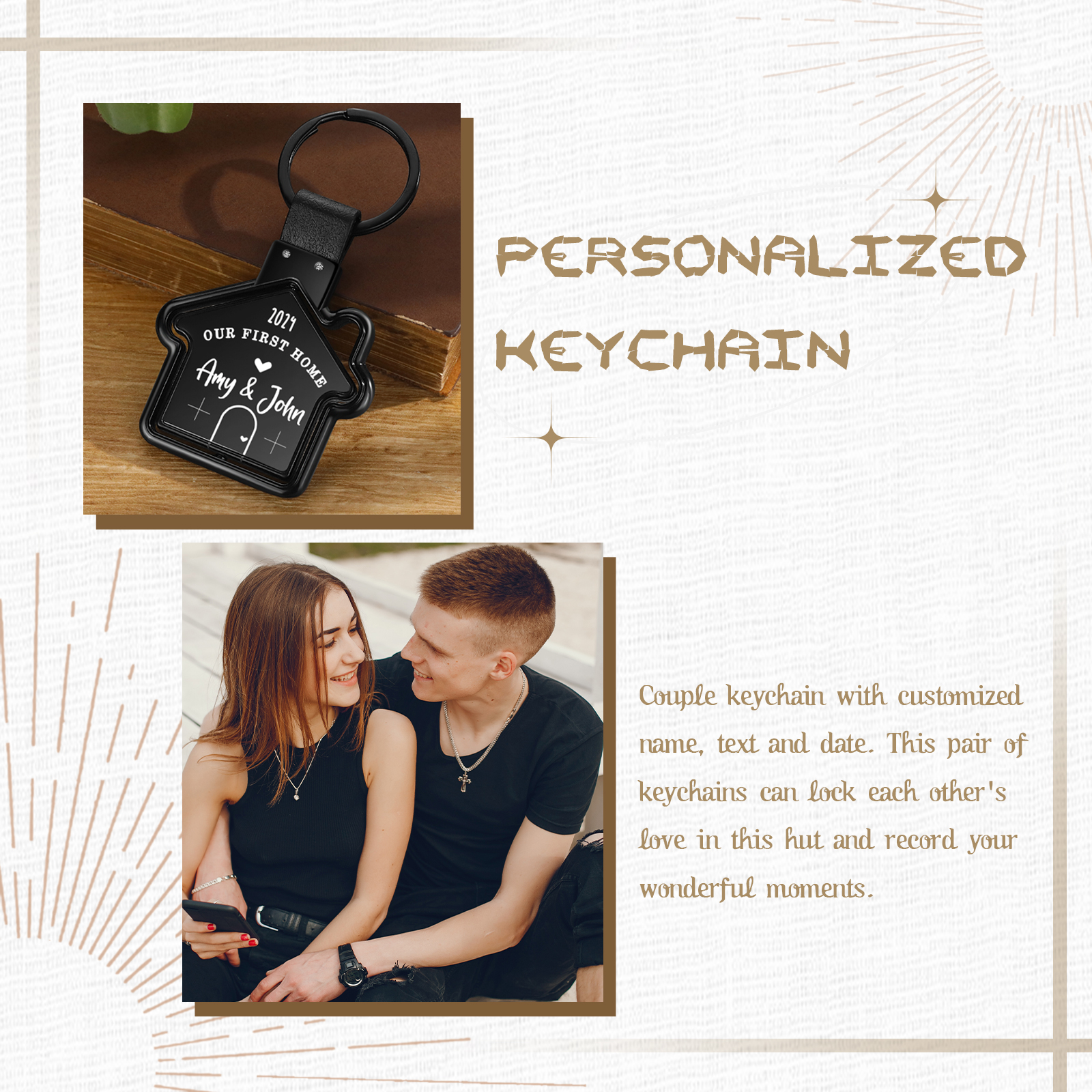 Dulce casa-Llavero en forma de casa personalizado con 2 nombres, 1 texto y año-Jessemade ES