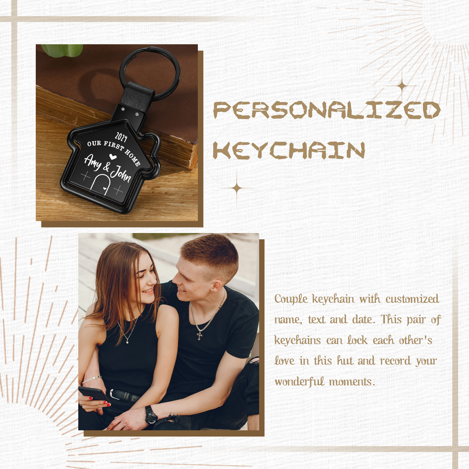 Dulce casa-Llavero en forma de casa personalizado con 2 nombres, 1 texto y año-Jessemade ES