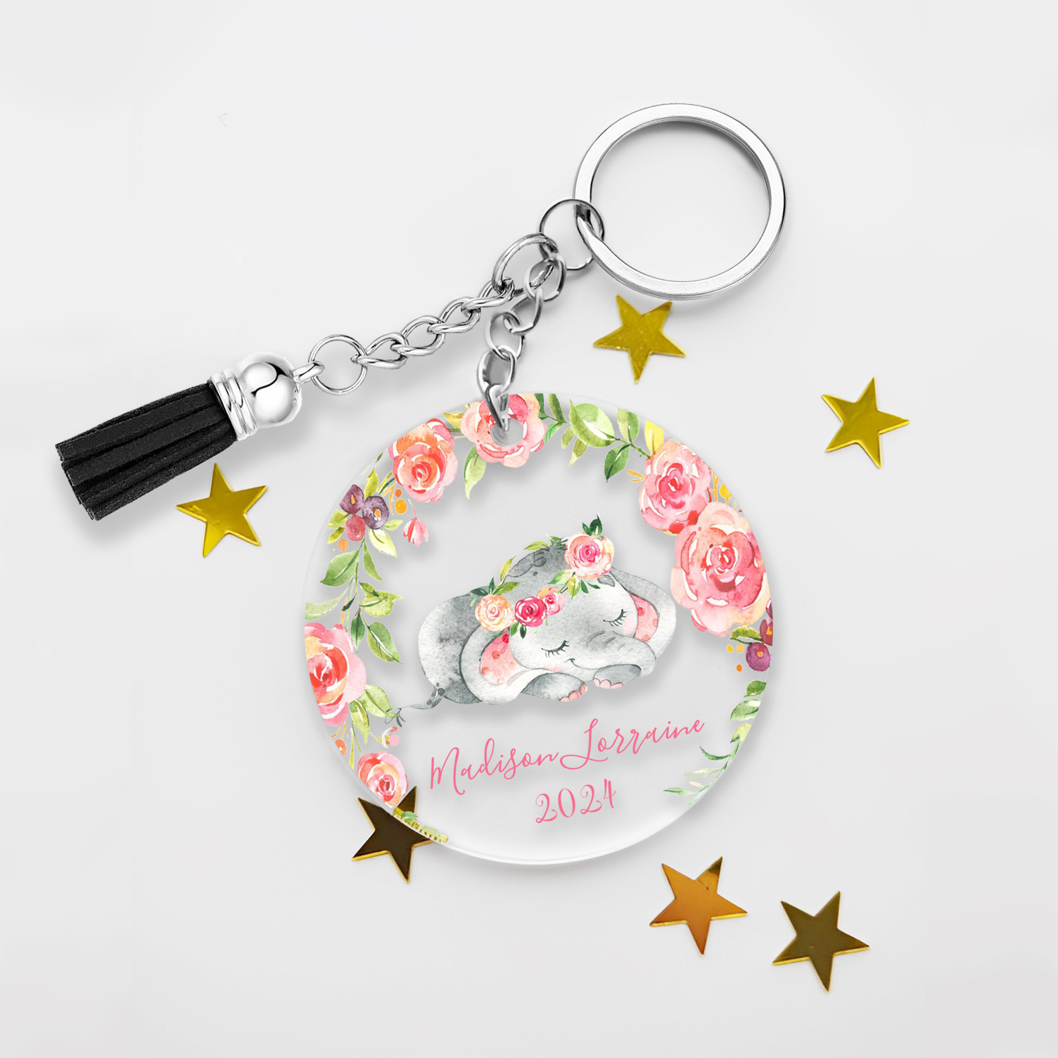 Llavero redondo de acrílico con animales para niñit@s personalizado con 1 nombre y año-Jessemade ES