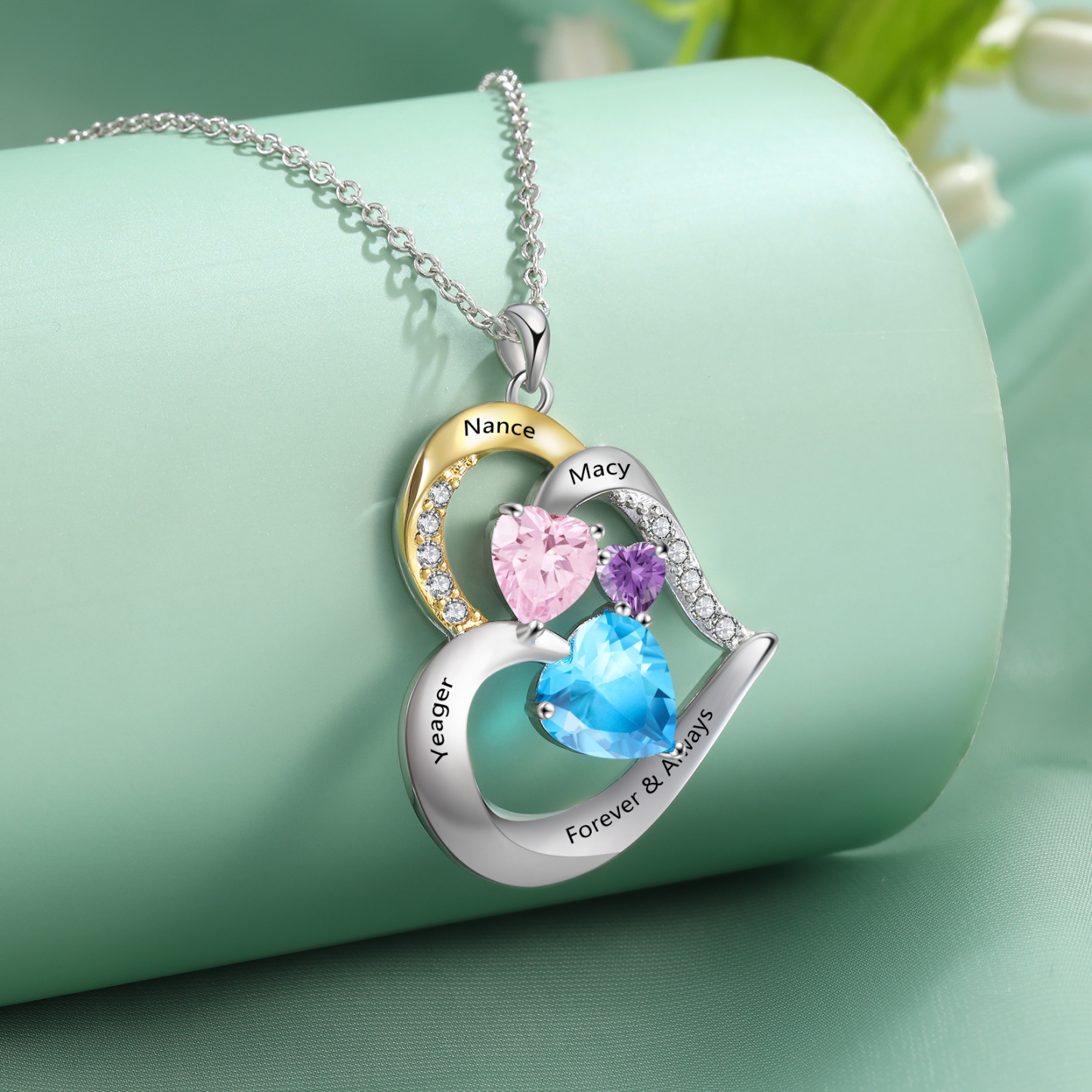 Collar corazón con 3 nombres, 1 texto y 3 piedras de nacimiento personalizados-Jessemade ES