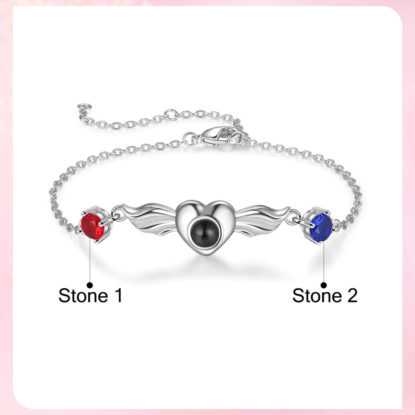 Pulsera con proyección de foto en color y personalizada con 2 piedras para mujer corazón con alas, Brazalete de proyección-Jessemade ES