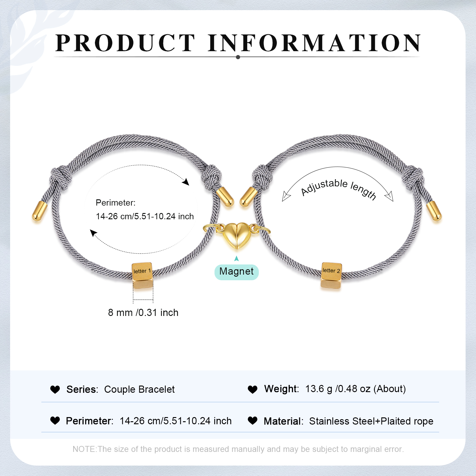 Pulseras de cuerda personalizadas para pareja con dije de corazón magnético grabado de dos letras-Jessemade ES