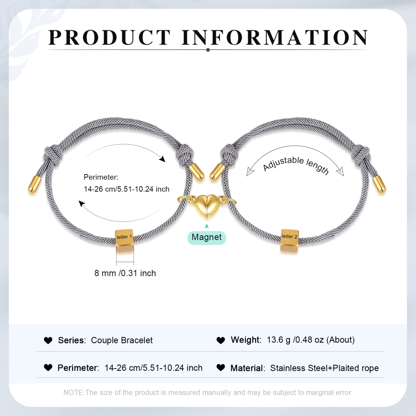 Pulseras de cuerda personalizadas para pareja con dije de corazón magnético grabado de dos letras-Jessemade ES