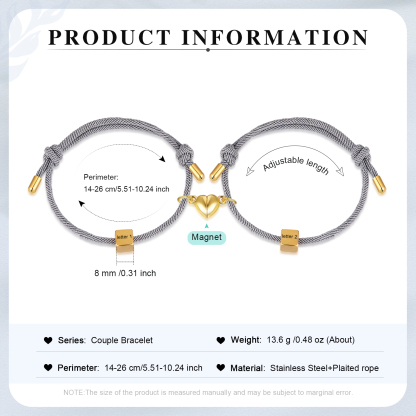 Pulseras de cuerda personalizadas para pareja con dije de corazón magnético grabado de dos letras-Jessemade ES