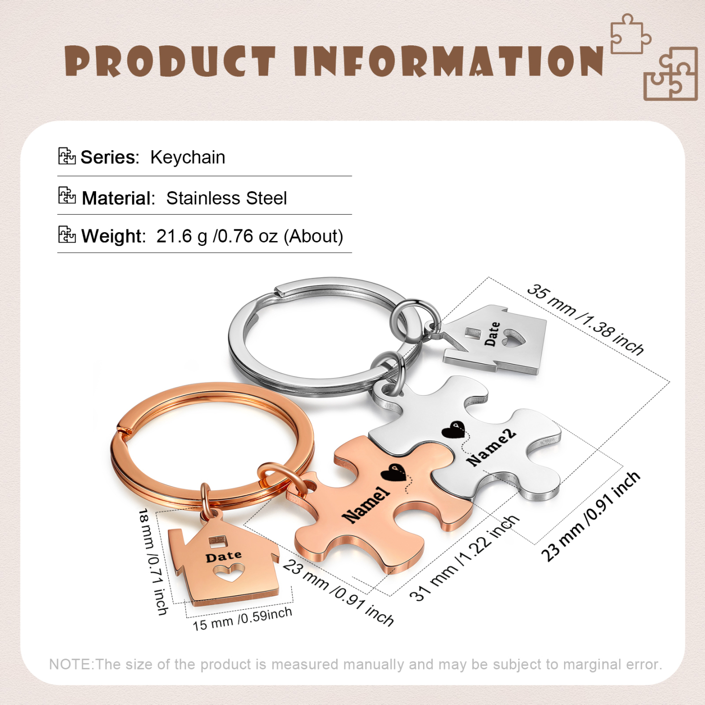 Llavero para pareja rompecabezas 2 nombres personalizados con fecha dije de casa-Jessemade ES