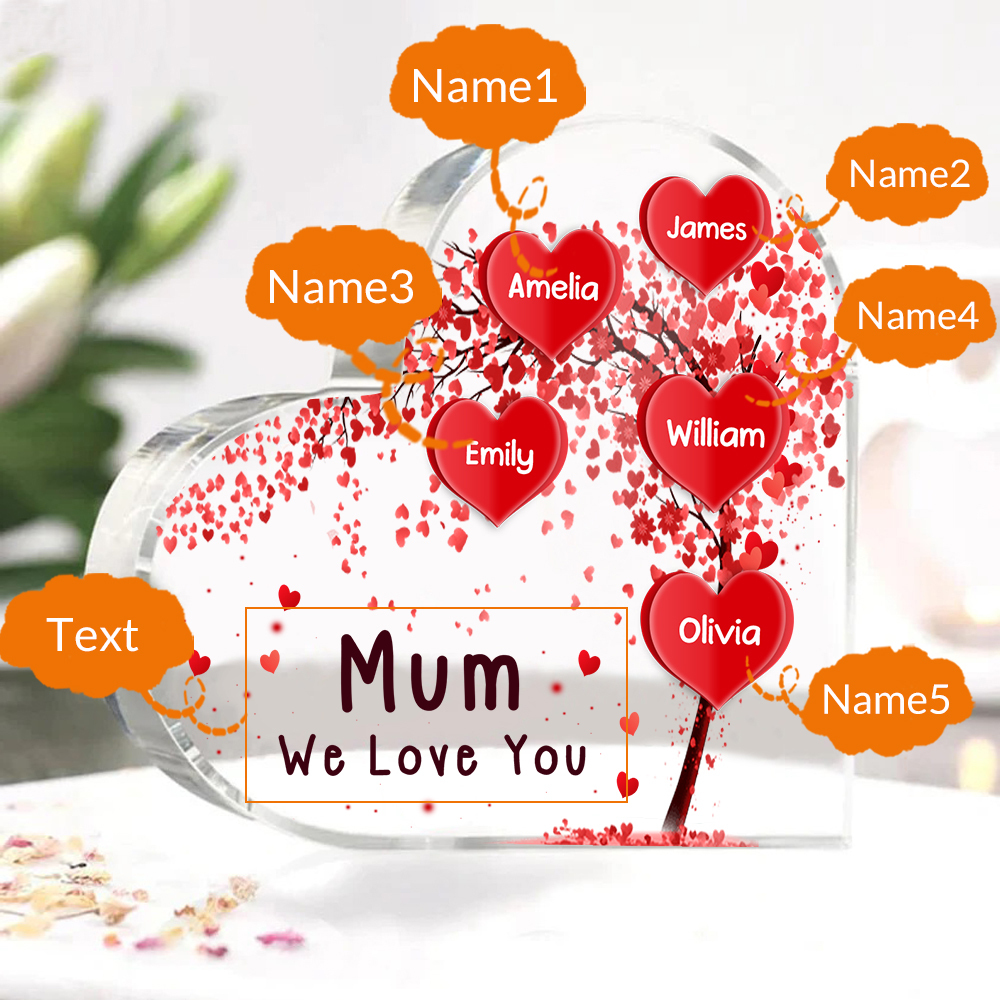 A mi mamá/abuela-Placa de acrílico "Corazones" en forma de corazón 5 nombres y 1 texto personalizados-Jessemade ES