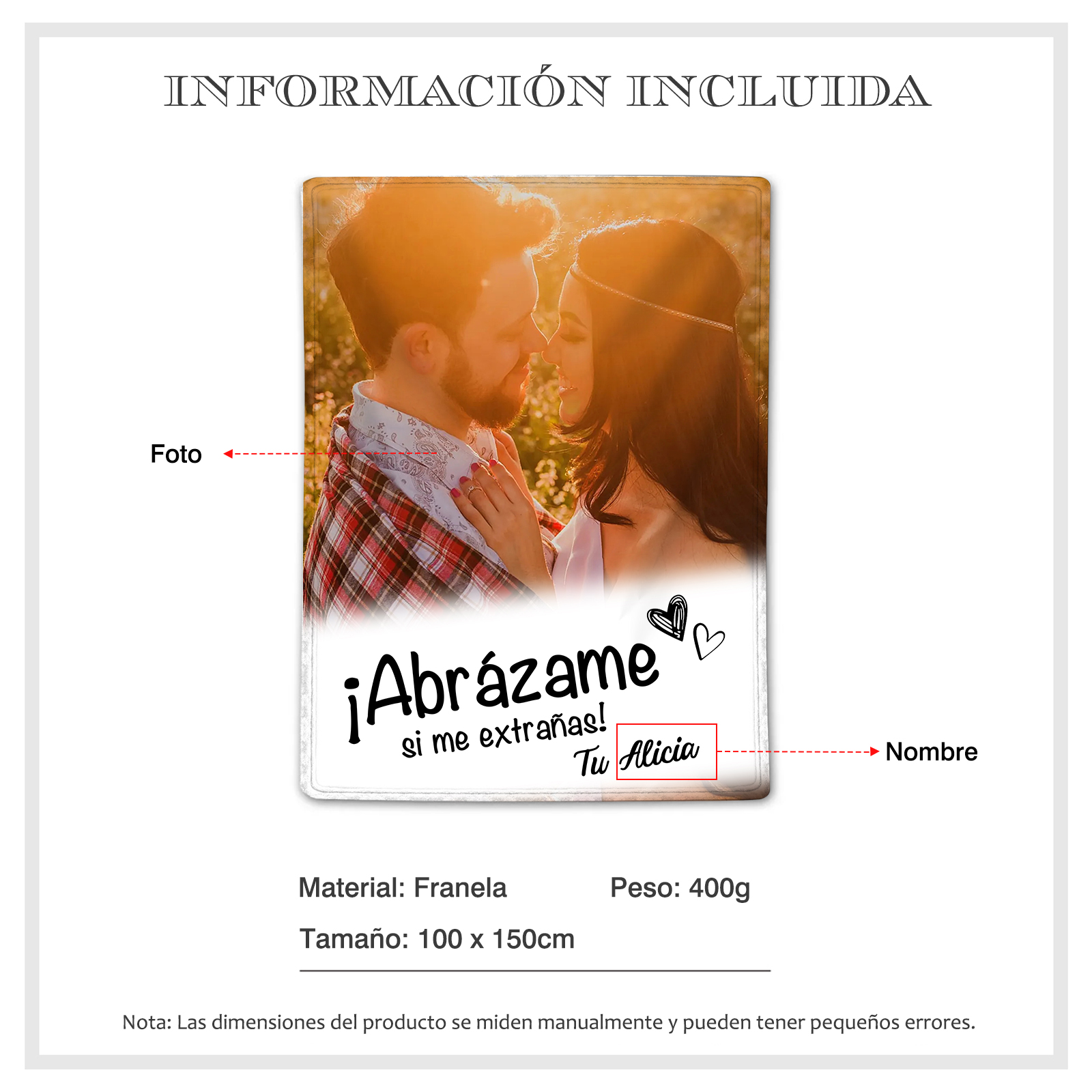 Pareja-Manta de buen calidad con foto personalizada con nombre-Jessemade ES