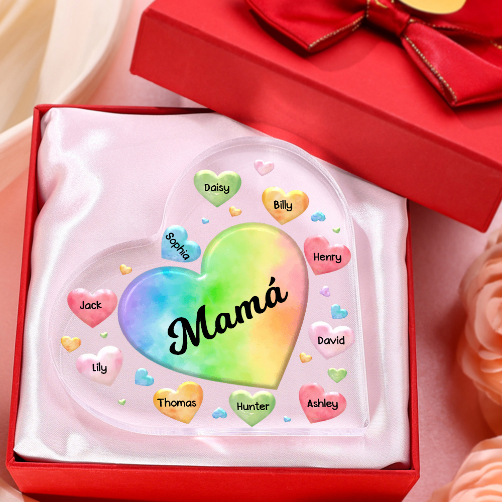 A mi mamá/abuela-Placa de acrílico "Corazones" en forma de corazón 10 nombres y 1 texto personalizados-Jessemade ES