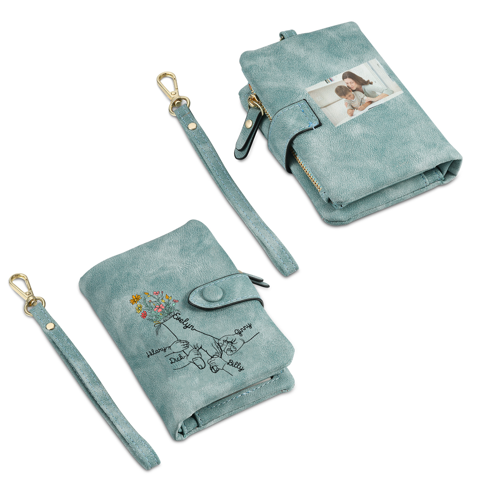 Cartera, billetera con 5 nombres y 1 foto personalizados mano con manito monedero clásico para mujer-Jessemade ES