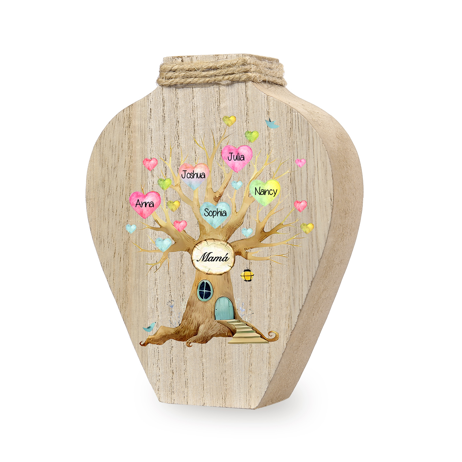 Florero de madera árbol de corazones 5 nombres personalizados con texto decoración del hogar-Jessemade ES