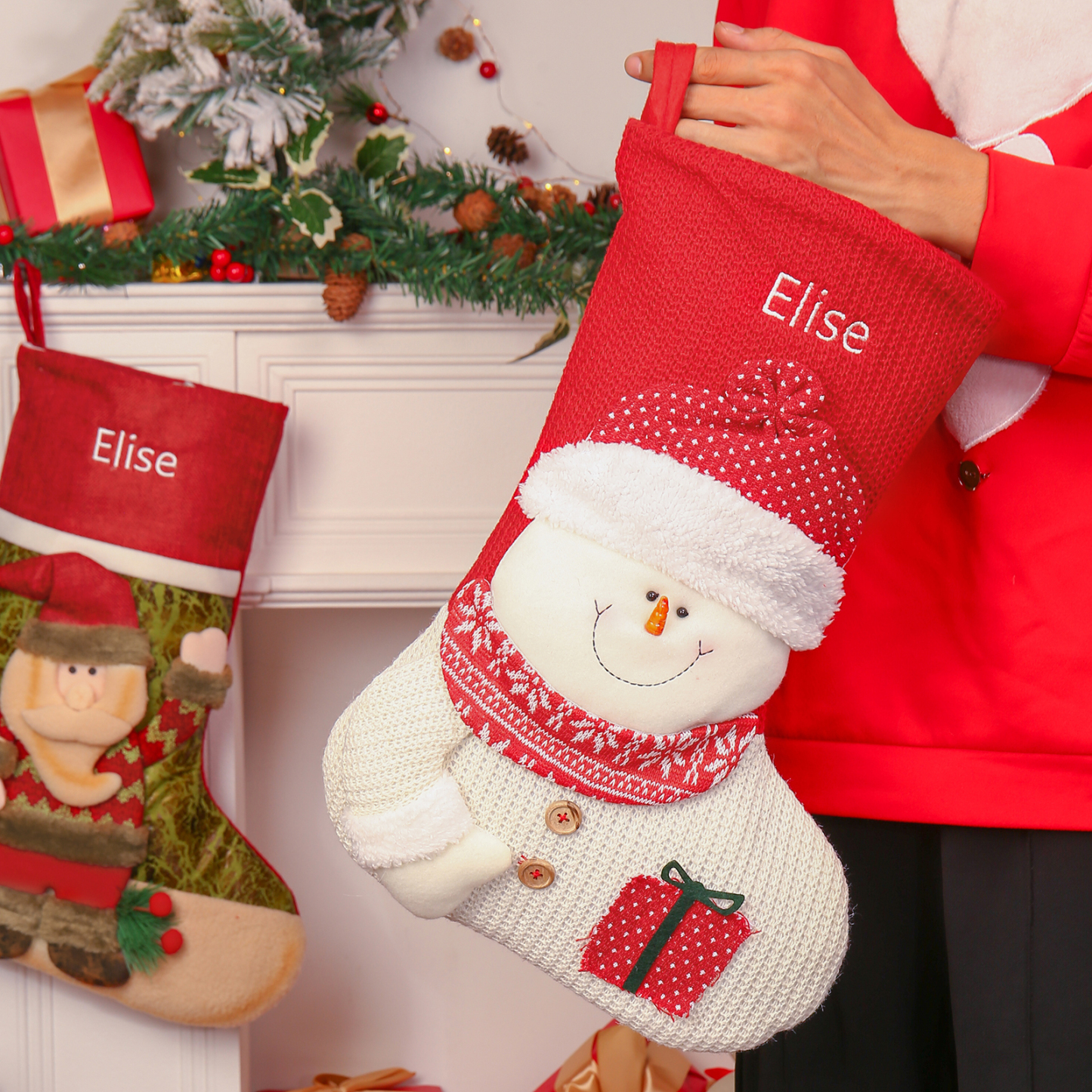 Adornos de medias navideñas con muñeco Bolsa de regalo 1 Nombre personalizado-Jessemade ES