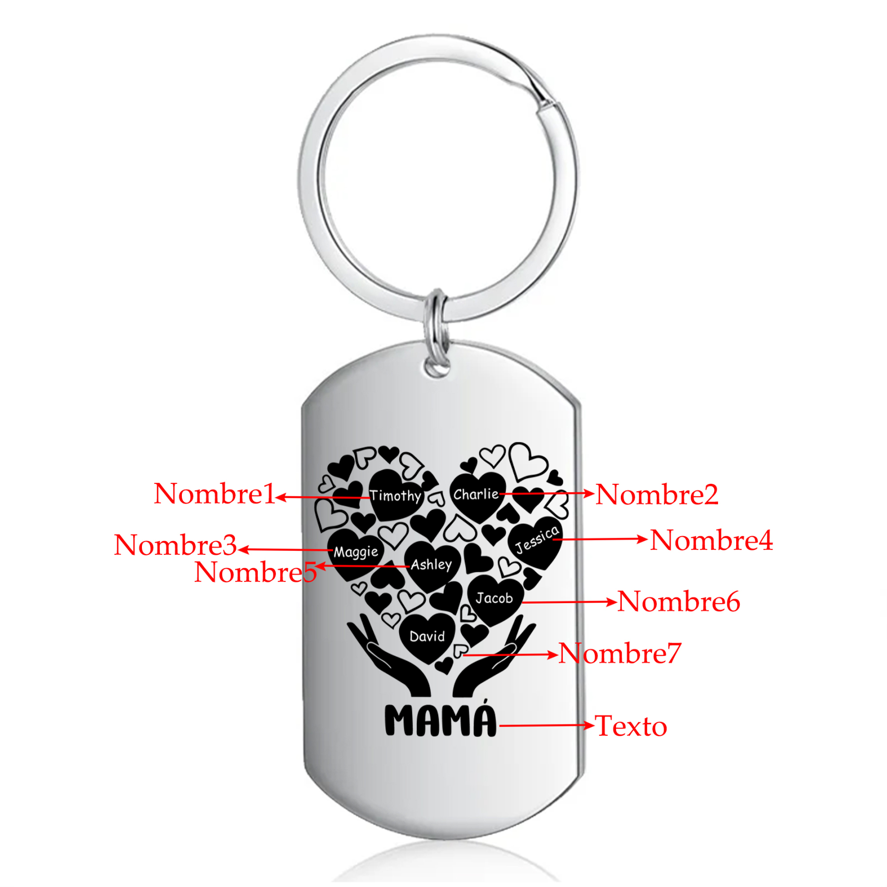 A mi mamá/abuela-Llavero 1-7 Nombres Personalizados con Texto CORAZONES Y MANOS