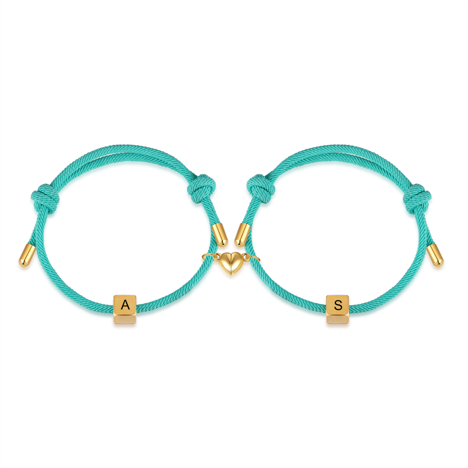 Pulseras de cuerda personalizadas para pareja con dije de corazón magnético grabado de dos letras-Jessemade ES