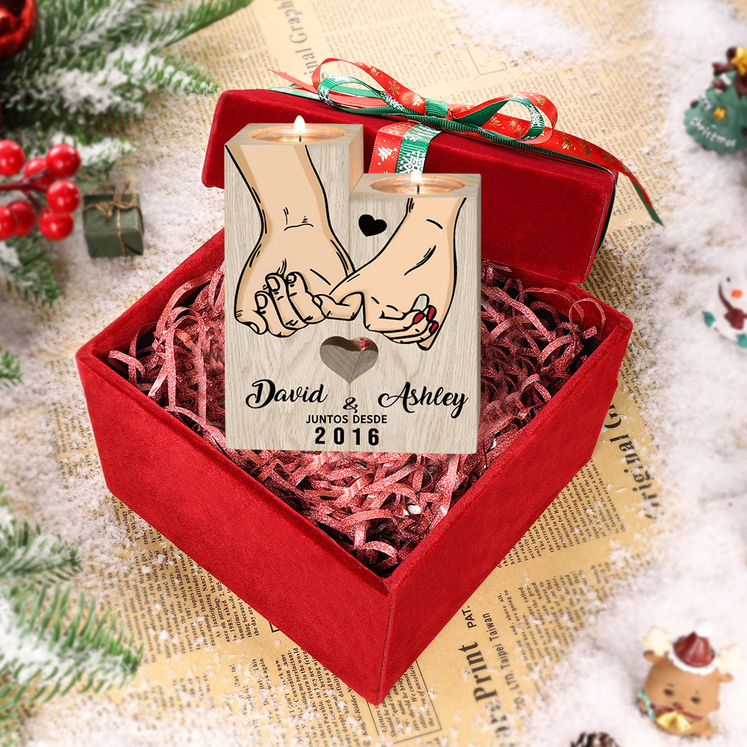 Pareja-Candelero de madera de dos piezas sin candela con nombres y año personalizados-Jessemade ES
