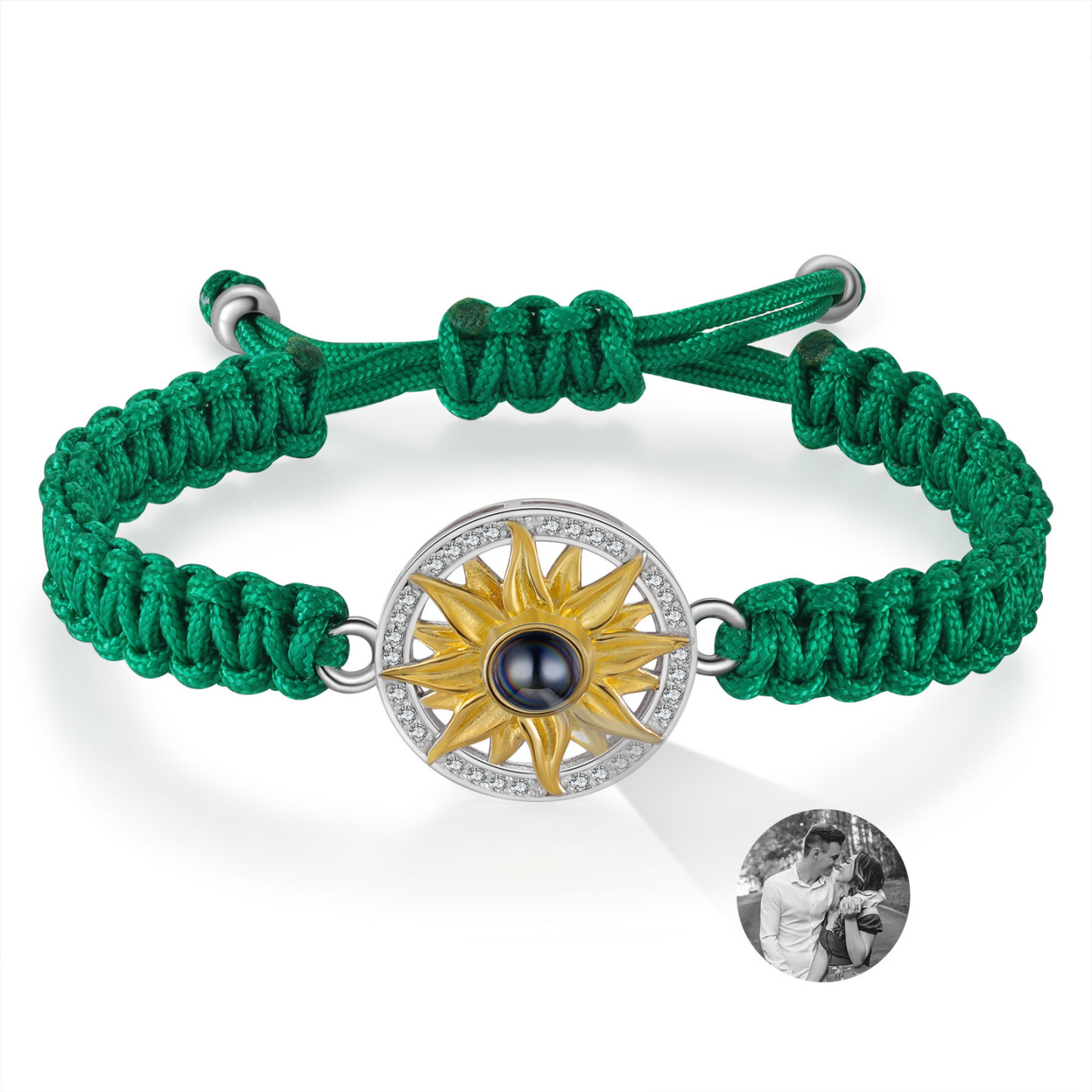 Pulsera con proyección de foto con dije de girasol cuerda verde-Jessemade ES