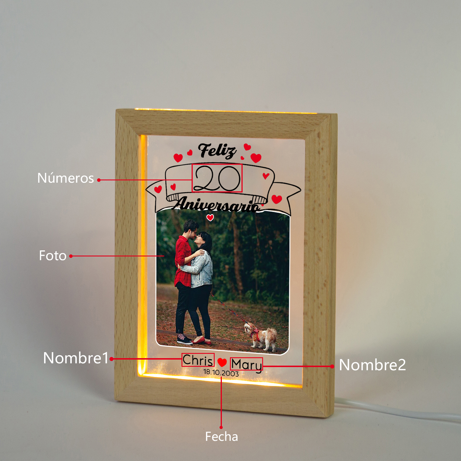 Marco con lámpara aniversario de 1 foto de madera para pareja 2 nombres, fecha y número personalizados-Jessemade ES