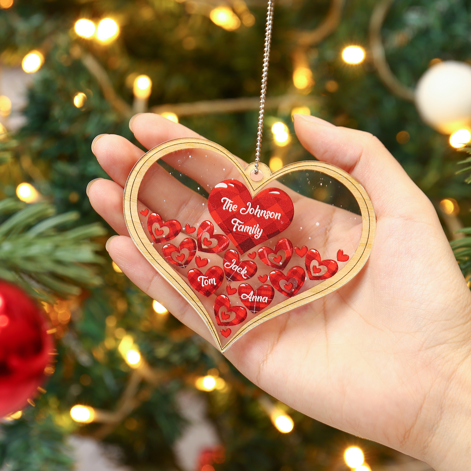 Navidad-Ornamento navideño de acrílico corazones con 3 nombres y 1 texto personalizados