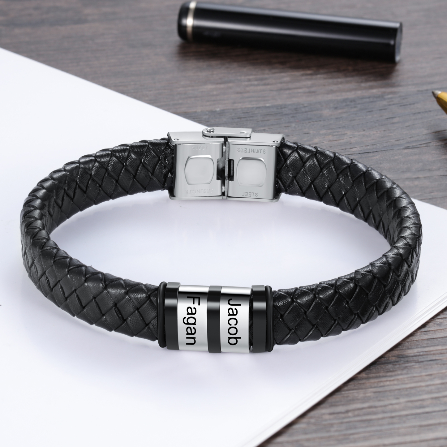 A MI PAPÁ-Pulsera de cuero trenzado de hombre con 2 perlas personalizadas con 2 nombres-Jessemade ES