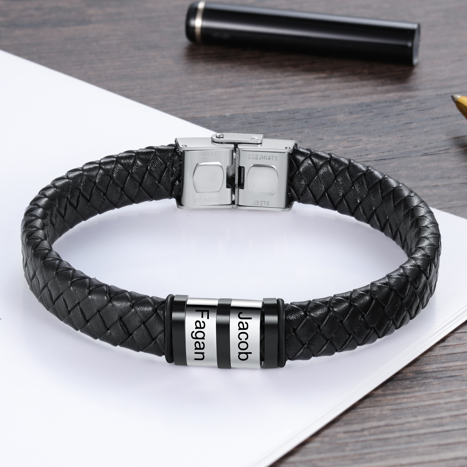 A MI PAPÁ-Pulsera de cuero trenzado de hombre con 2 perlas personalizadas con 2 nombres-Jessemade ES