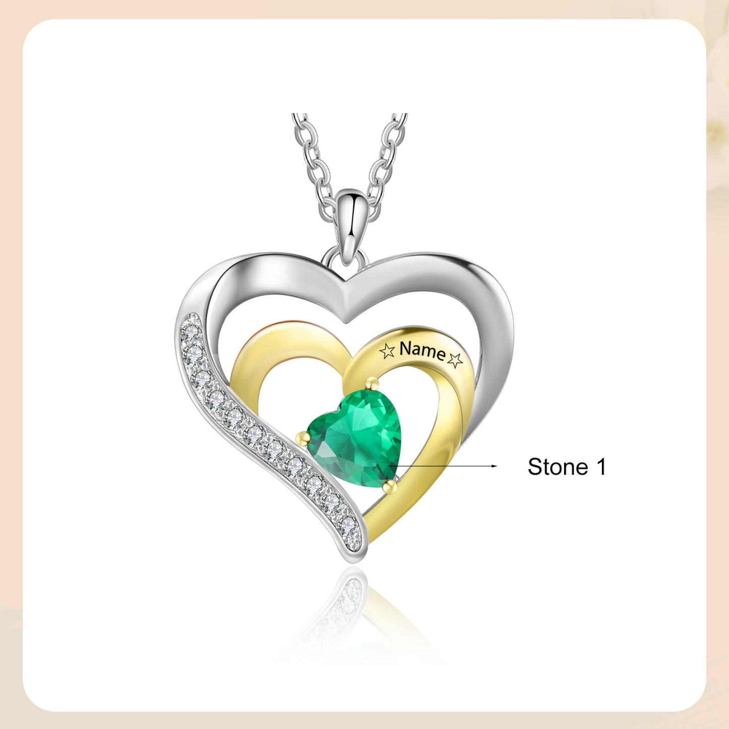 Collar de corazón de plata 925 con 1 nombre y 1 piedra de nacimiento personalizados-Jessemade ES