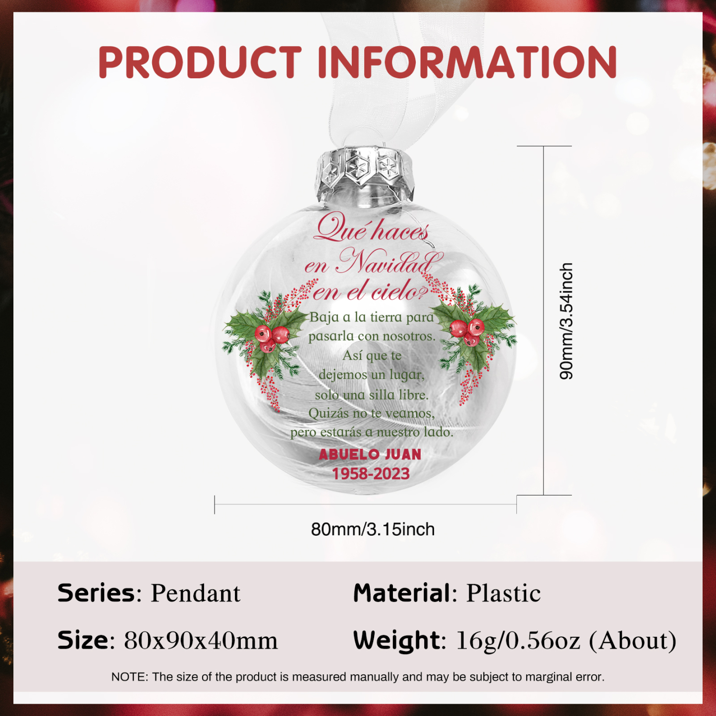 Bola navideña conmemorativa Adorno de Navidad 2 textos personalizados con pluma -Jessemade ES