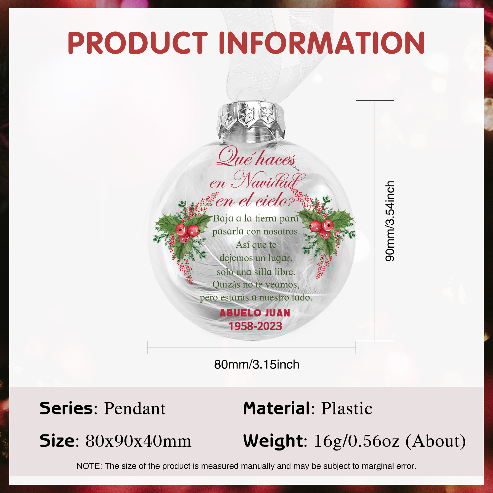 Bola navideña conmemorativa Adorno de Navidad 2 textos personalizados con pluma -Jessemade ES