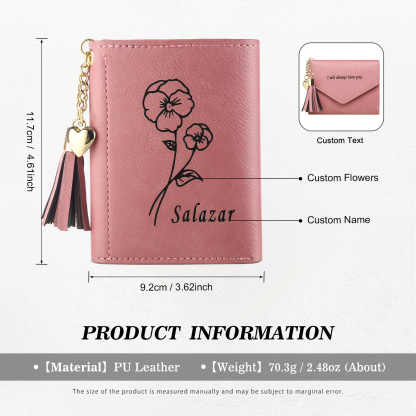 Cartera, billetera con 1 nombre, 1 flor de nacimiento y 1 texto personalizados monedero clásico para mujer-Jessemade ES