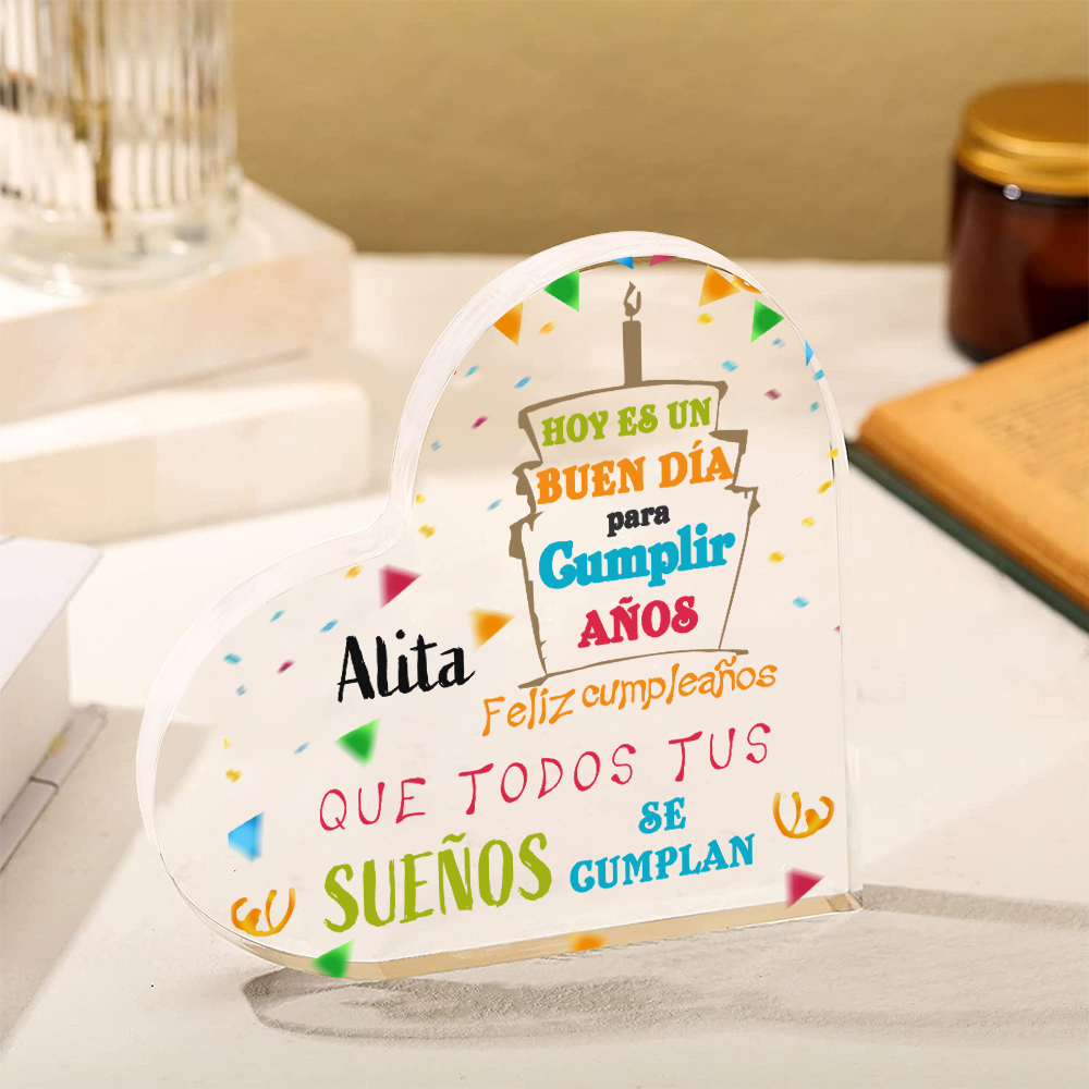 Cumpleaños-Placa de acrílico en forma de corazón con nombre personalizado-Jessemade ES