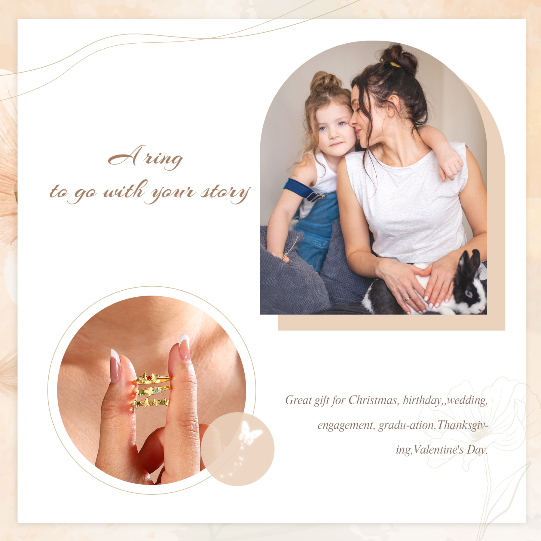 Anillo de mariposa personalizado con 3 piedras de nacimiento anillo familia-Jessemade ES