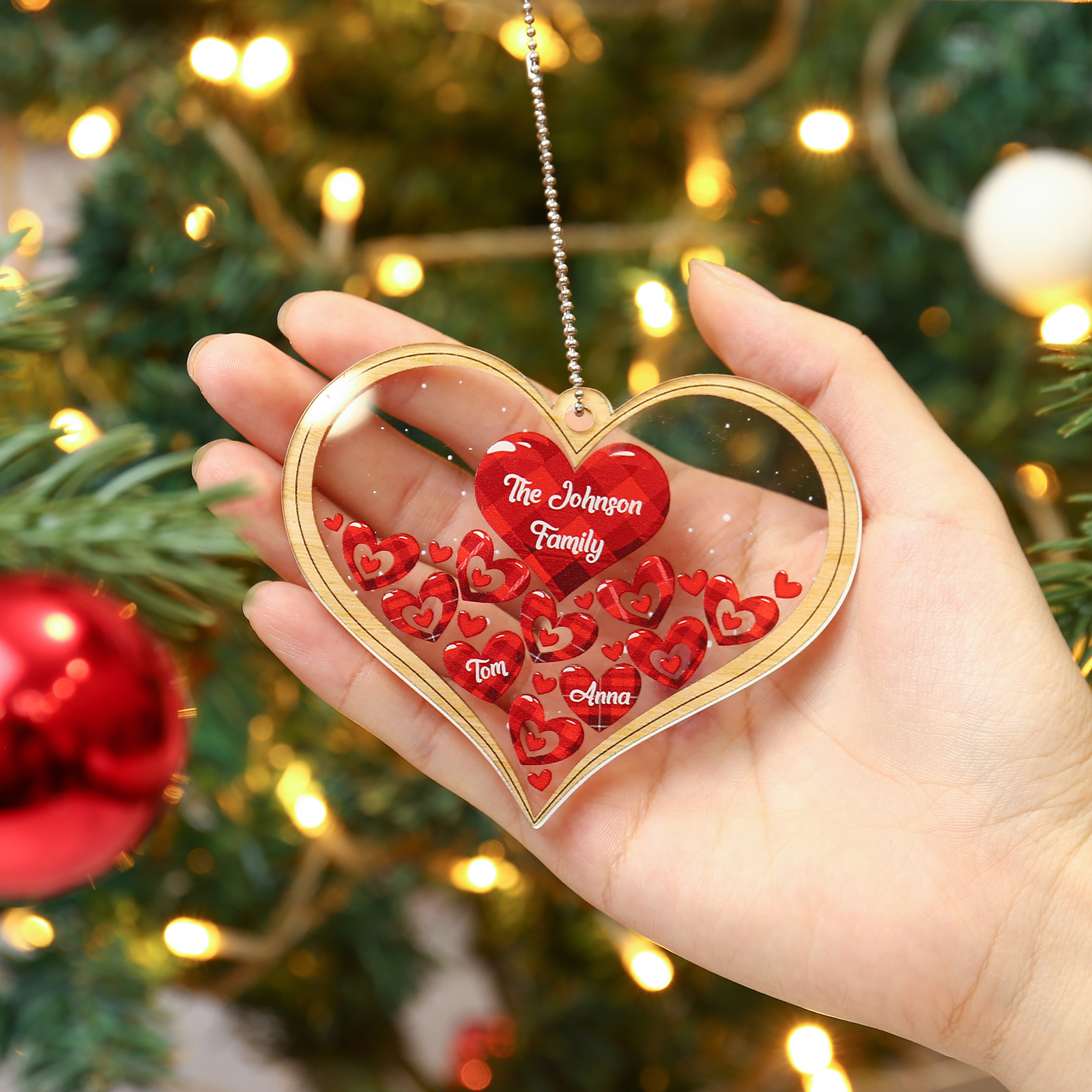 Navidad-Ornamento navideño de acrílico corazones con 2 nombres y 1 texto personalizados