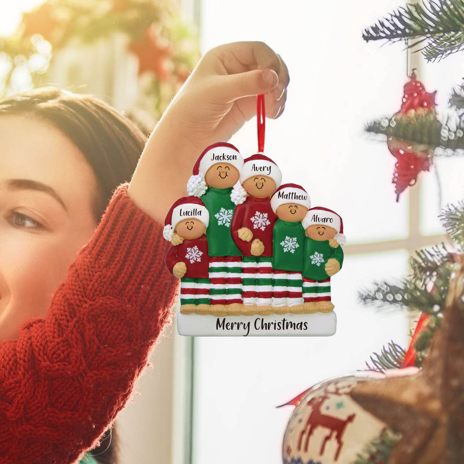 Navidad-Ornamento muñecos navideño de madera 5 nombres y 1 texto personalizados adorno del árbol