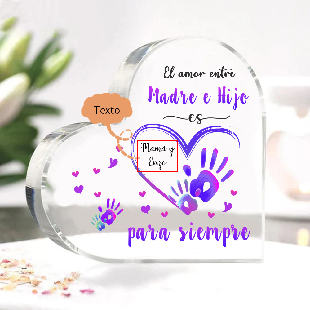 A mi mamá-Placa de acrílico en forma de corazón mano y manita 1 texto personalizado-Jessemade ES