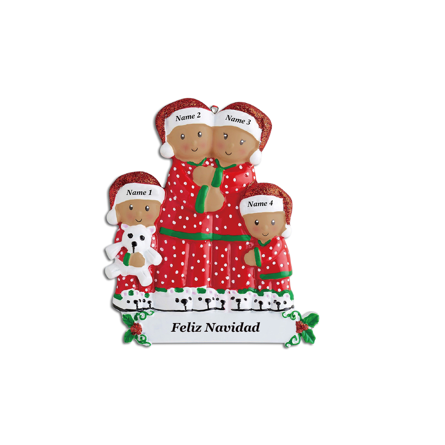 Navidad-Muñecos Piel Bronceada Ornamentos Navideños Familiar 4 Nombres con Texto Personalizados Adorno de Madera