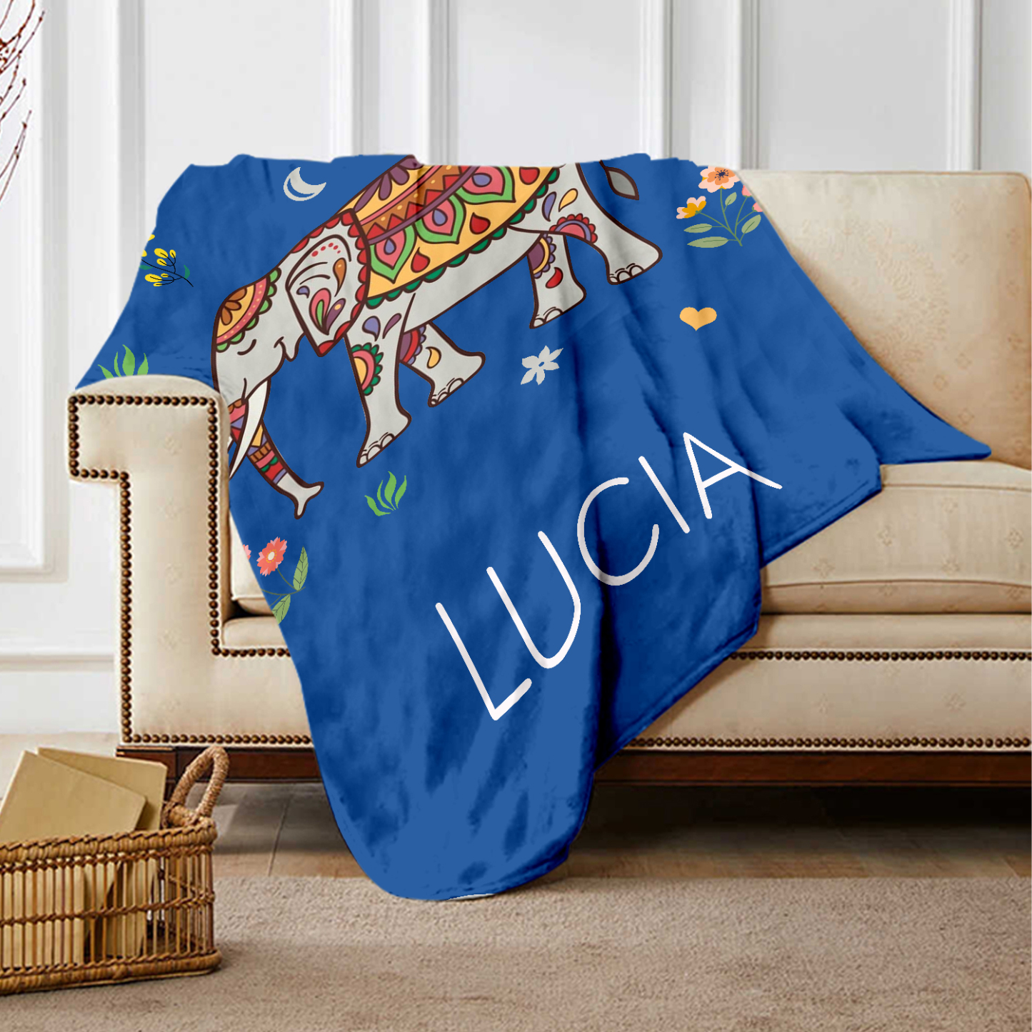 Manta de buen calidad con Elefante personalizada con 1 nombre-Jessemade ES