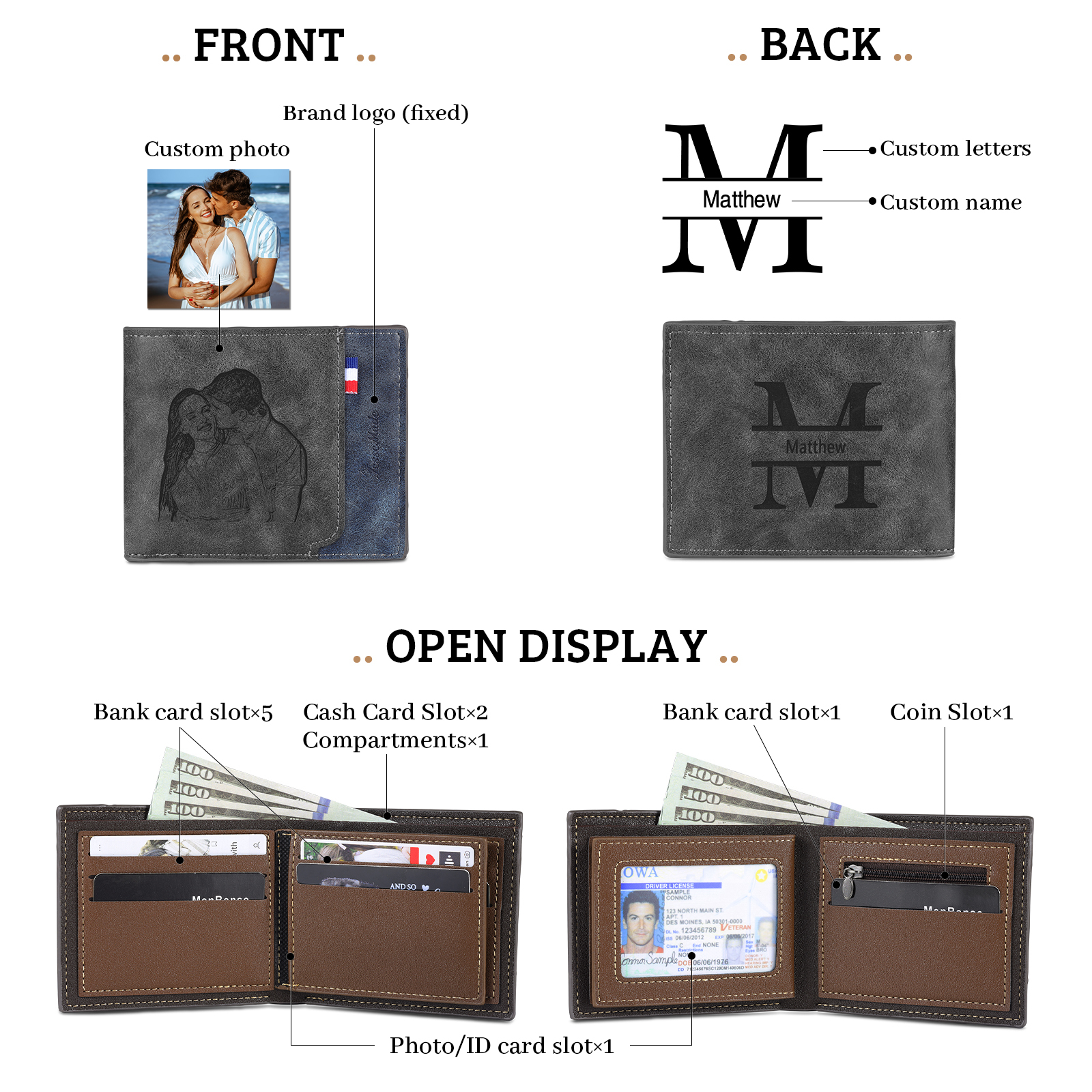 Cartera, billetera personalizada con 1 foto, 1 nombre y 1 letra monedero para hombre-Jessemade ES