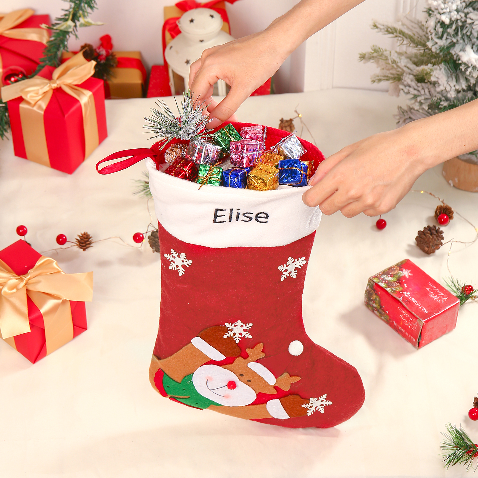 Adornos de medias navideñas con muñeco Bolsa de regalo 1 Nombre personalizado-Jessemade ES