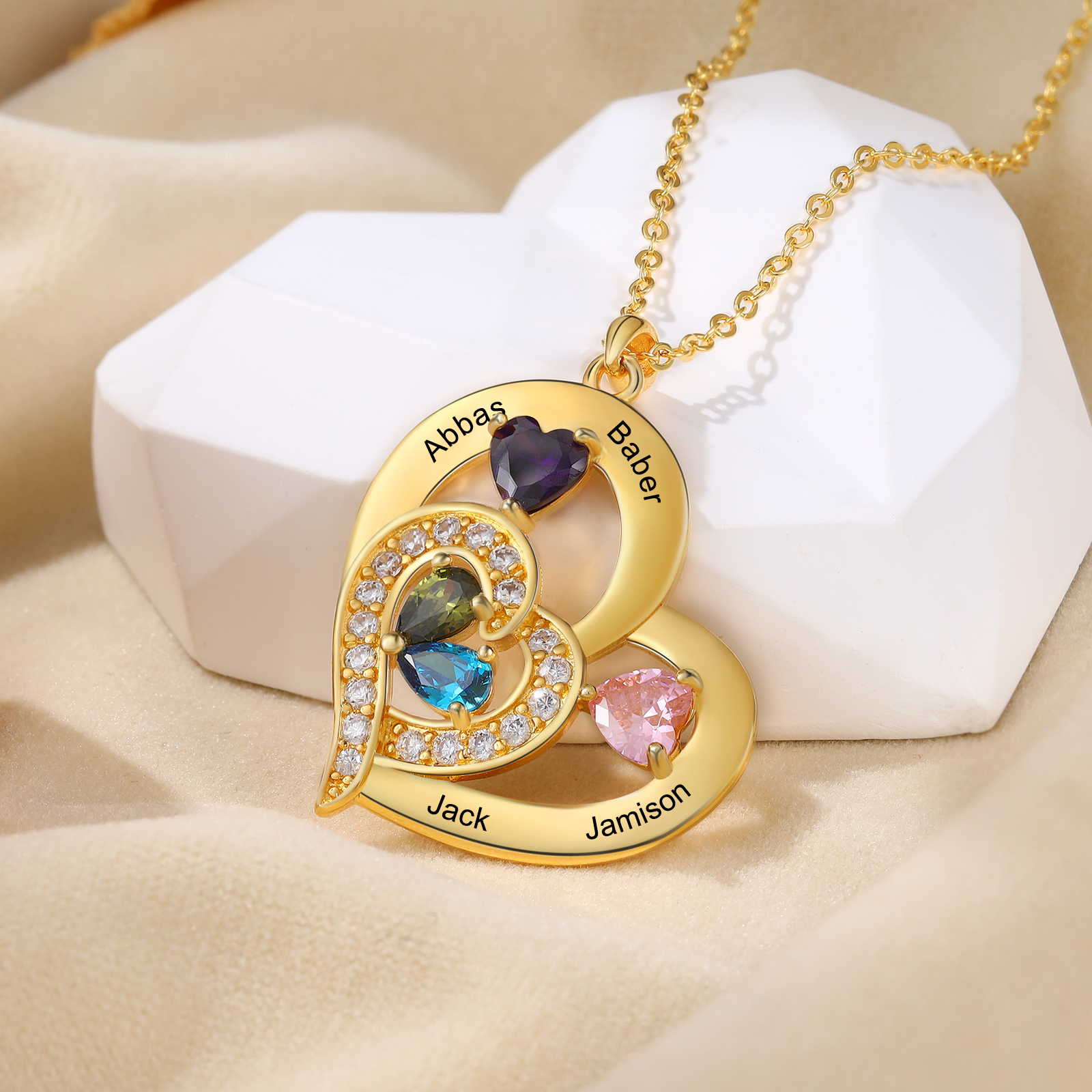 Collar corazón con 1-6 nombres personalizados y 1-6 piedras de nacimiento-Jessemade ES