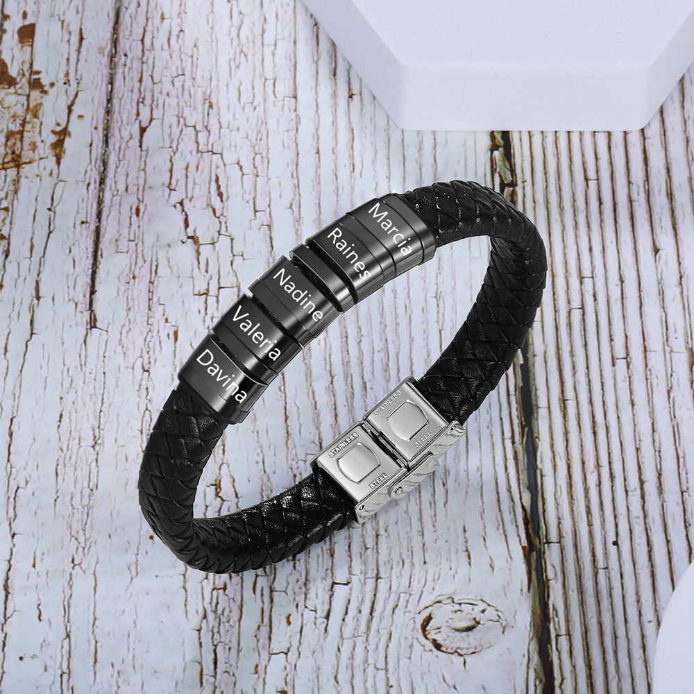 A MI PAPÁ-Pulsera de cuero trenzado de hombre con 5 perlas personalizadas con 5 nombres-Jessemade ES