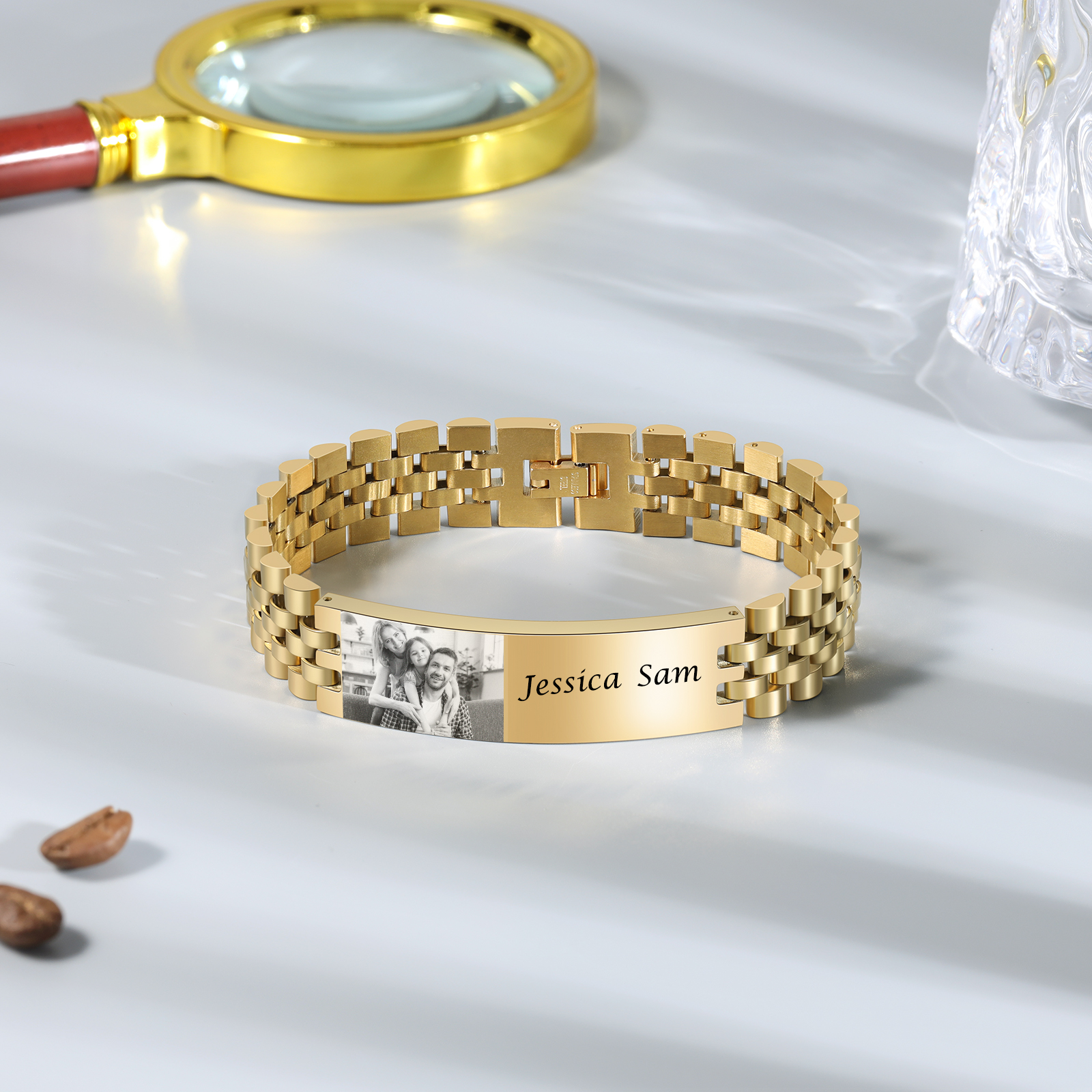 Pulsera de cadena personalizada con 2 nombres y 1 foto para hombre-Jessemade ES