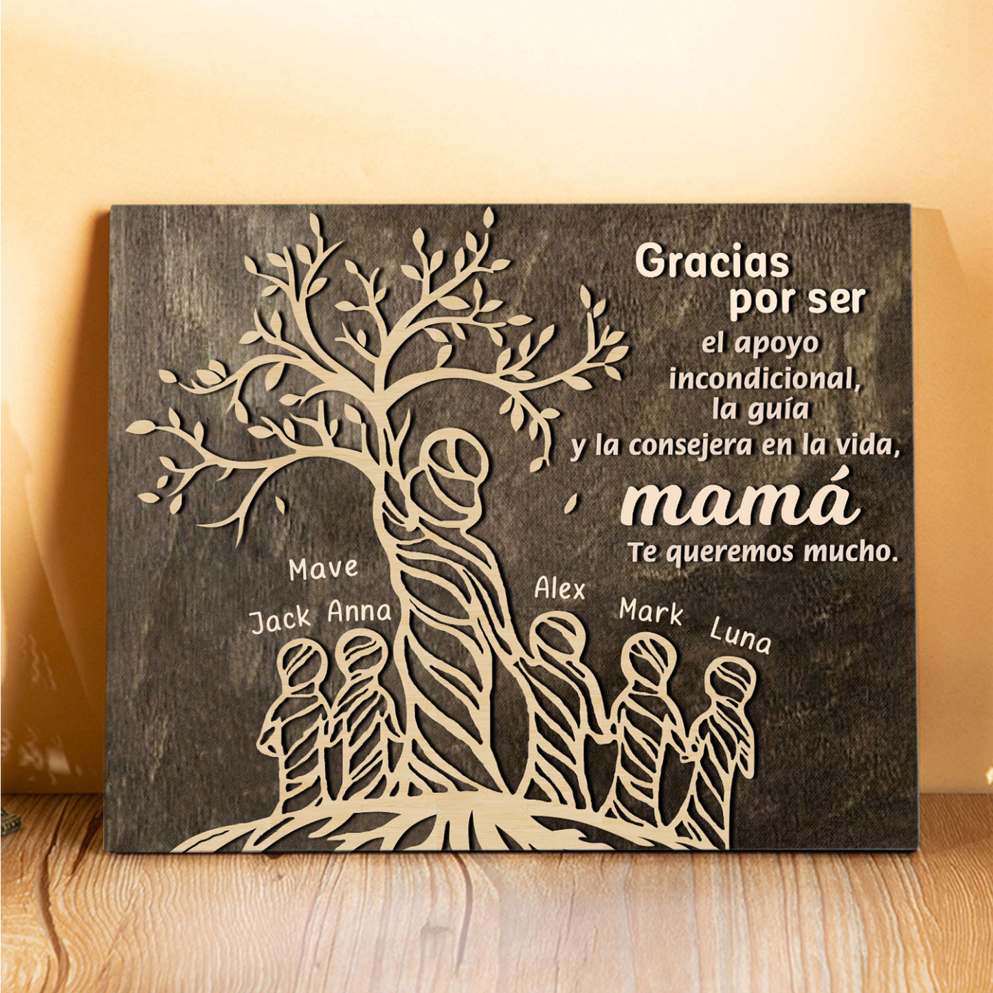 A mi mamá-Lámina mujer de árbol marco de madera personalizado con 6 nombres-Jessemade ES