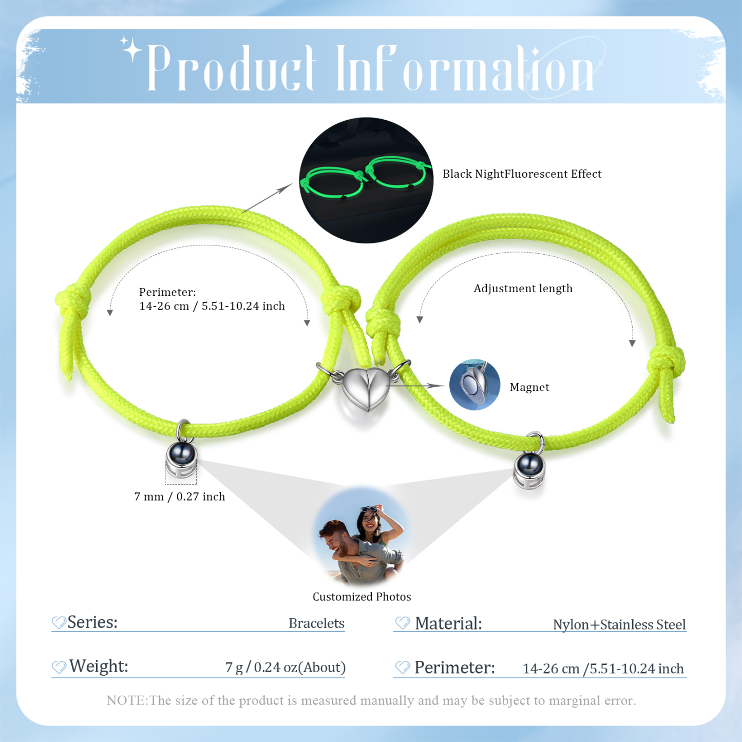Pulsera de cuerda fluorescentepara pareja con proyección de foto con dije de corazón magnético-Jessemade ES