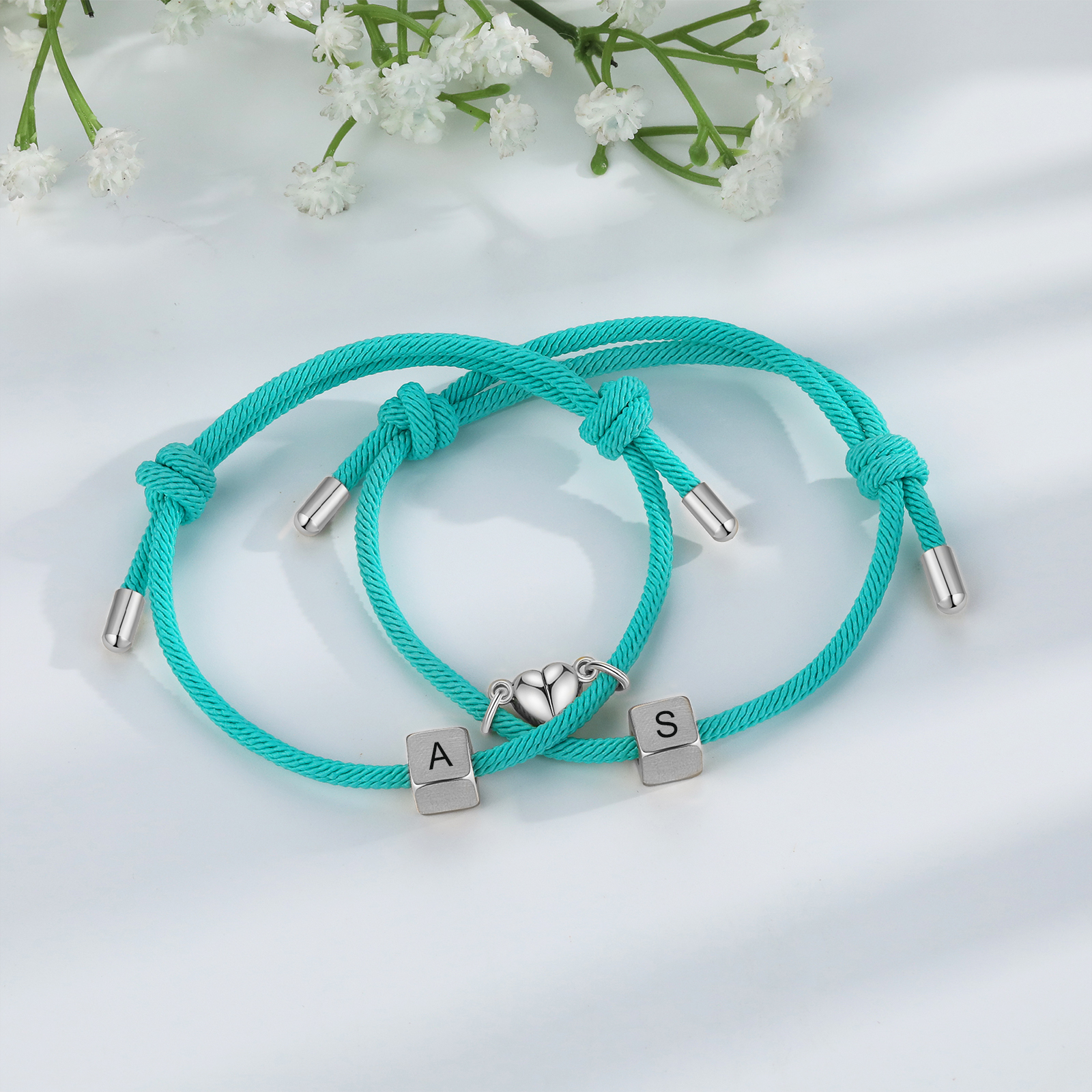 Pulseras de cuerda personalizadas para pareja con dije de corazón magnético grabado de dos letras-Jessemade ES