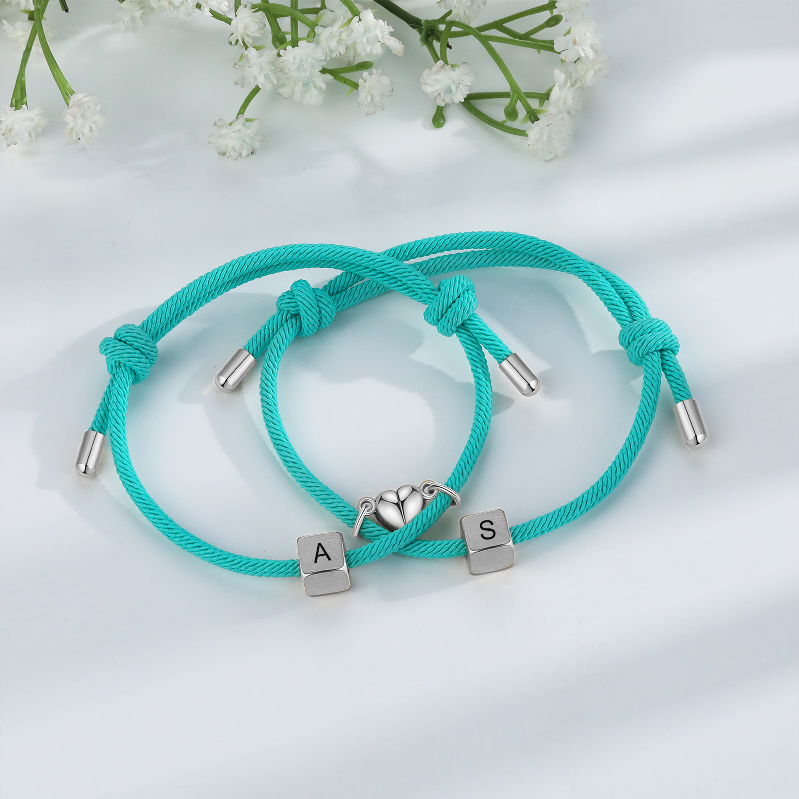 Pulseras de cuerda personalizadas para pareja con dije de corazón magnético grabado de dos letras-Jessemade ES