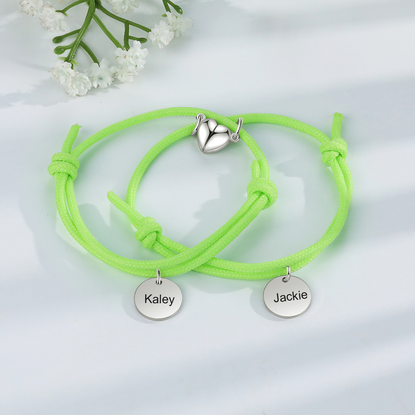 Pulseras de cuerda luminosa personalizadas para pareja con dije de corazón magnético grabado de dos nombres-Jessemade ES